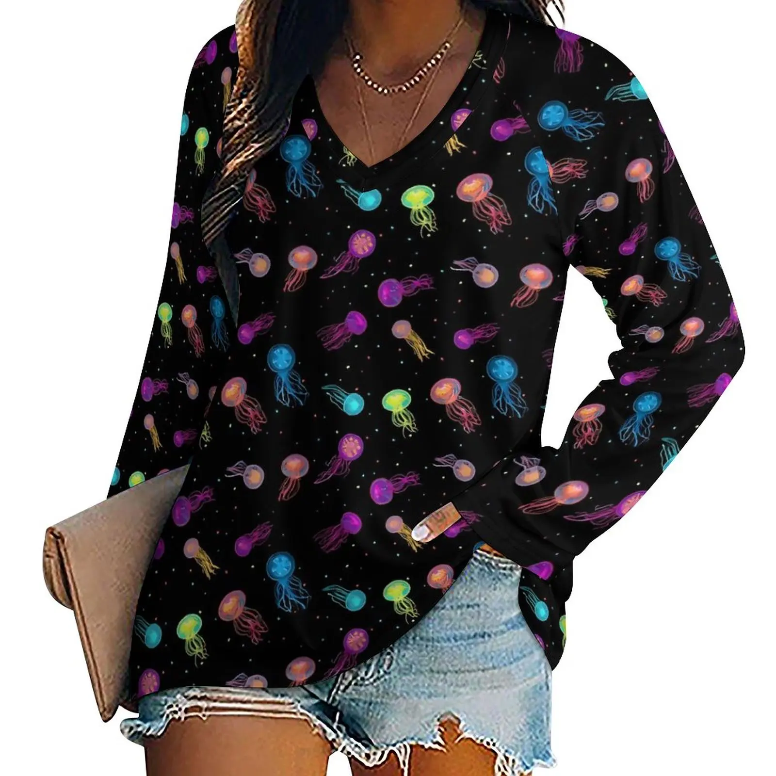 

Jellies Print T-Shirt Colorful Jellyfish Pretty Long Sleeve T-Shirts Female V Neck Streetwear Tee Shirt Oversized Design Tops