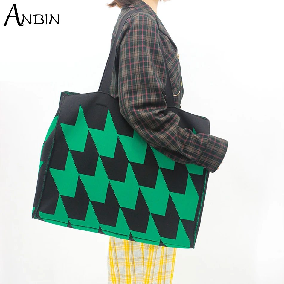 

Сумка-шоппер женская из хлопка, вязаный жаккардовый саквояж на плечо с цветными блоками, винтажная модная большая сумочка-тоут для девушек