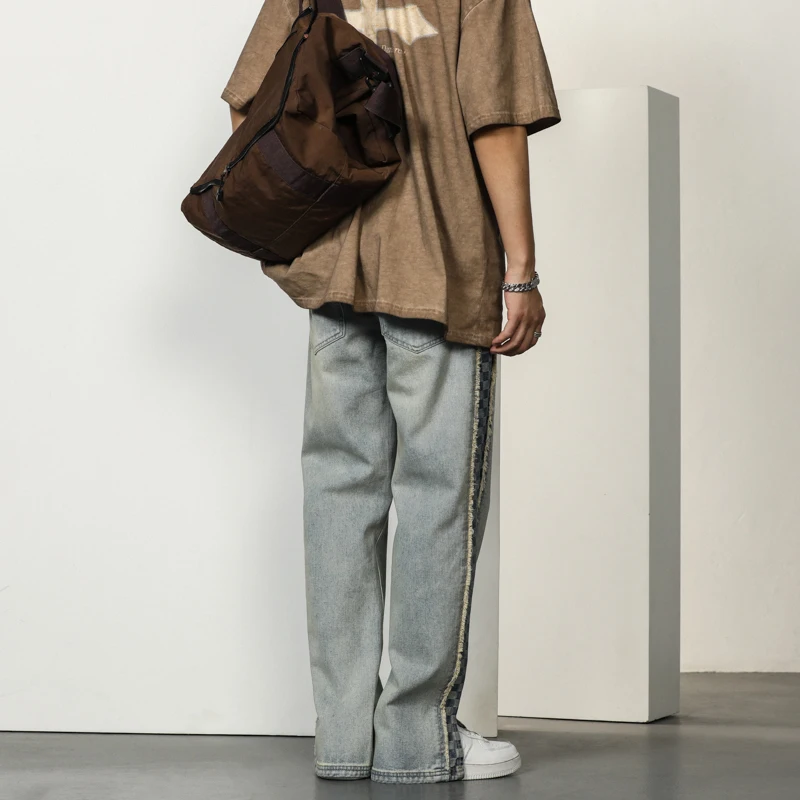 Four Seasons Men's Color-blocking Jeans New American Street Design Washed Denim Straight Loose Trousers Ins Hot Selling Denim