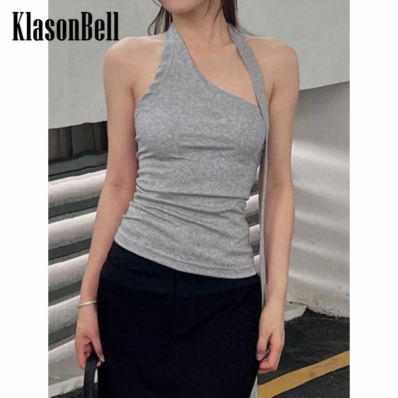 

6.9 KlasonBell Fashion Asymmetric Ribbons Stretchy Slim Gray Tank Top Women