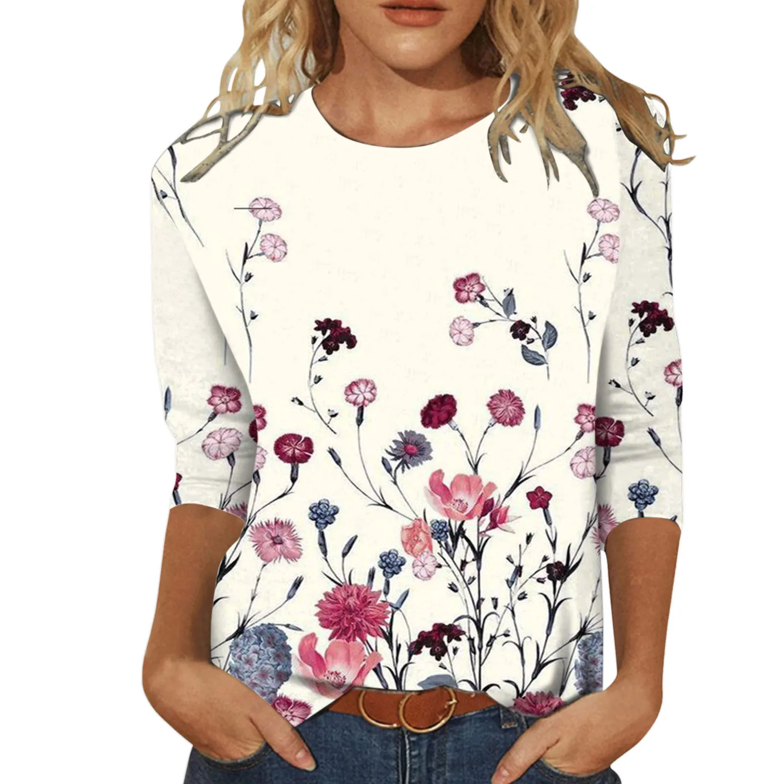 

Womens Flower Printed T-Shirts Summer Tops Floral Three Quarter Sleeve O Neck Tee Tunic Loose Female Tee shirt Women Clothing