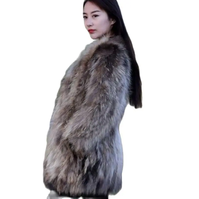 

Haining New Loose Warm Fox Fur Women's Fashion Coat Women's Long Raccoon Fur Young Winter Fur One V-neck Temperament Coat Women