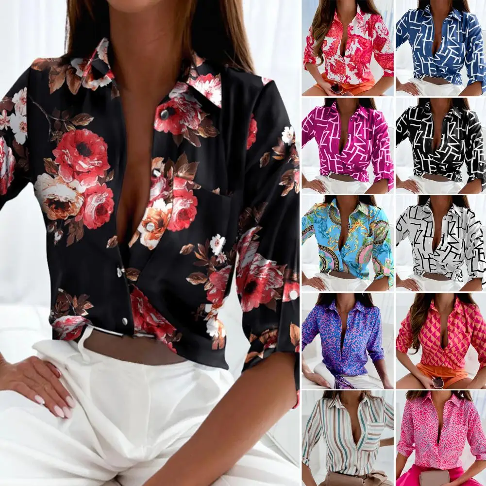 

Women Shirt Floral Print Loose Long Sleeves Elegant Office Streetwear Spring Autumn Turndown Collar Button Down Blouse Top