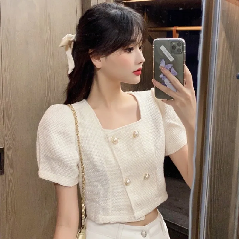 

2020 Korean Short-Sleeved Summer Ladies Coat Vintage Double Breasted Pearls Button Luxury Thin Tweed Short Jackets