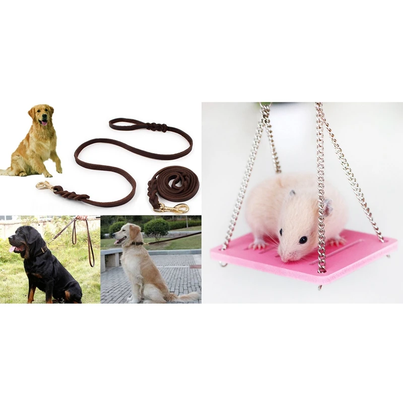 

2M Long Leather Braided Pet Dog Walk Traction Collar Strap Training Leash Lead & Hamster Toys Swing Hanging