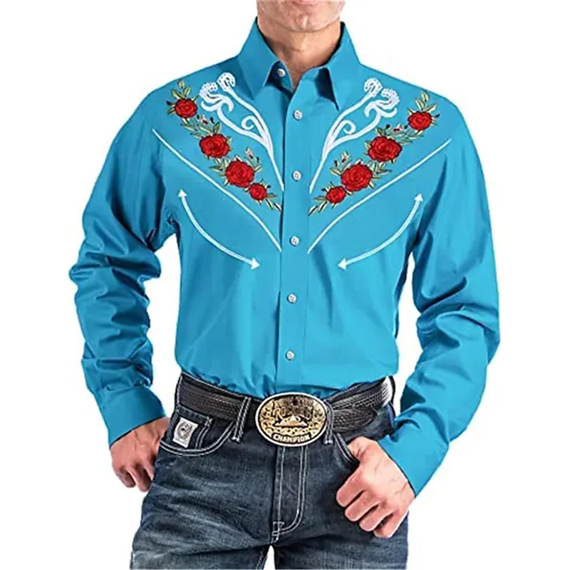 Fashion luxury social men's shirt lapel button shirt casual blue western print shirt men's prom cardigan oversized shirt