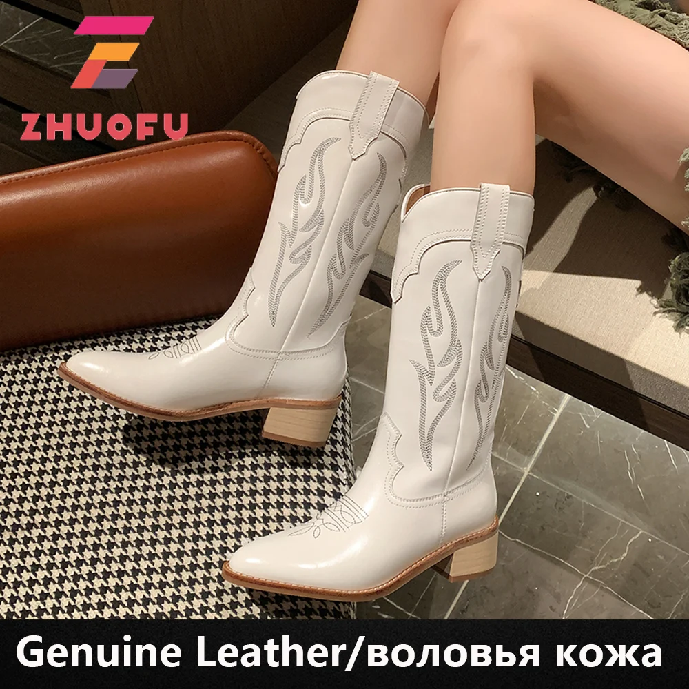

ZHUOFU Women's High Boots Embroidered Marton Boots Cowboy Botas Carved Pointed Thick Heel Mid Tube Booties Slip-On Women Shoes