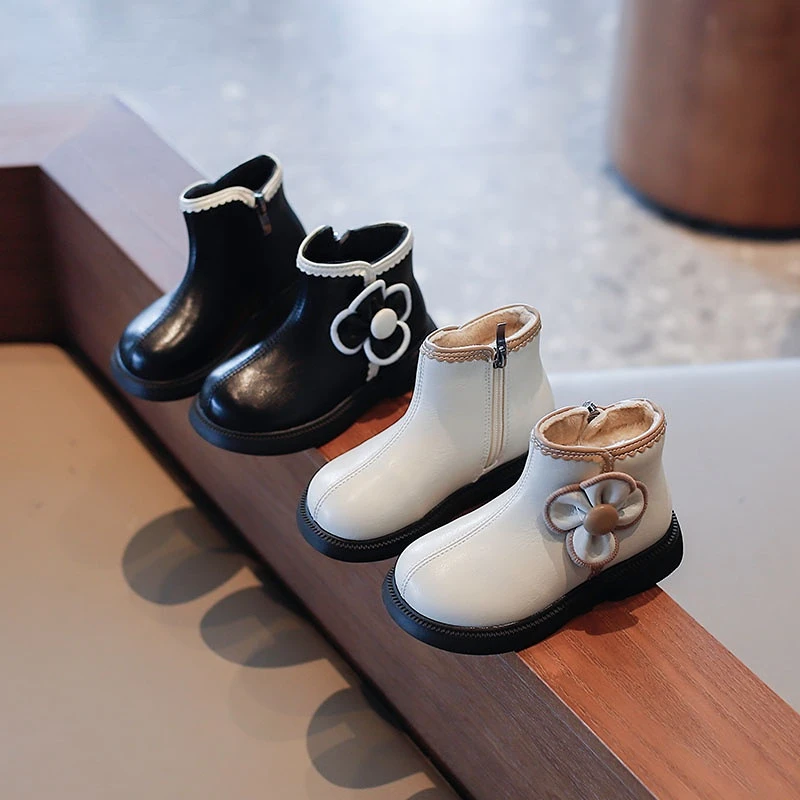 

Elegant Flower Princess Girls Leather Boots Zip Ankle Boots Black White Stylish Kids Girls Winter Dress Shoes With Warm Plush