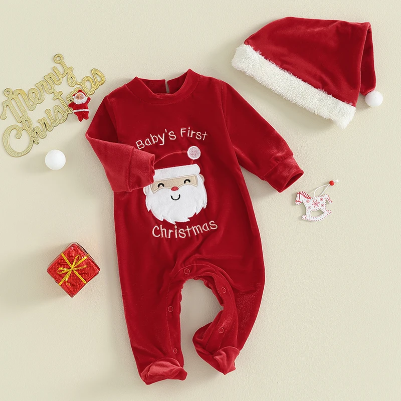 

Baby Christmas Outfit Boy Girl Santa Romper Jumpsuit Red Fleece Long Sleeve Footed Bodysuit with Santa Hat Baby First