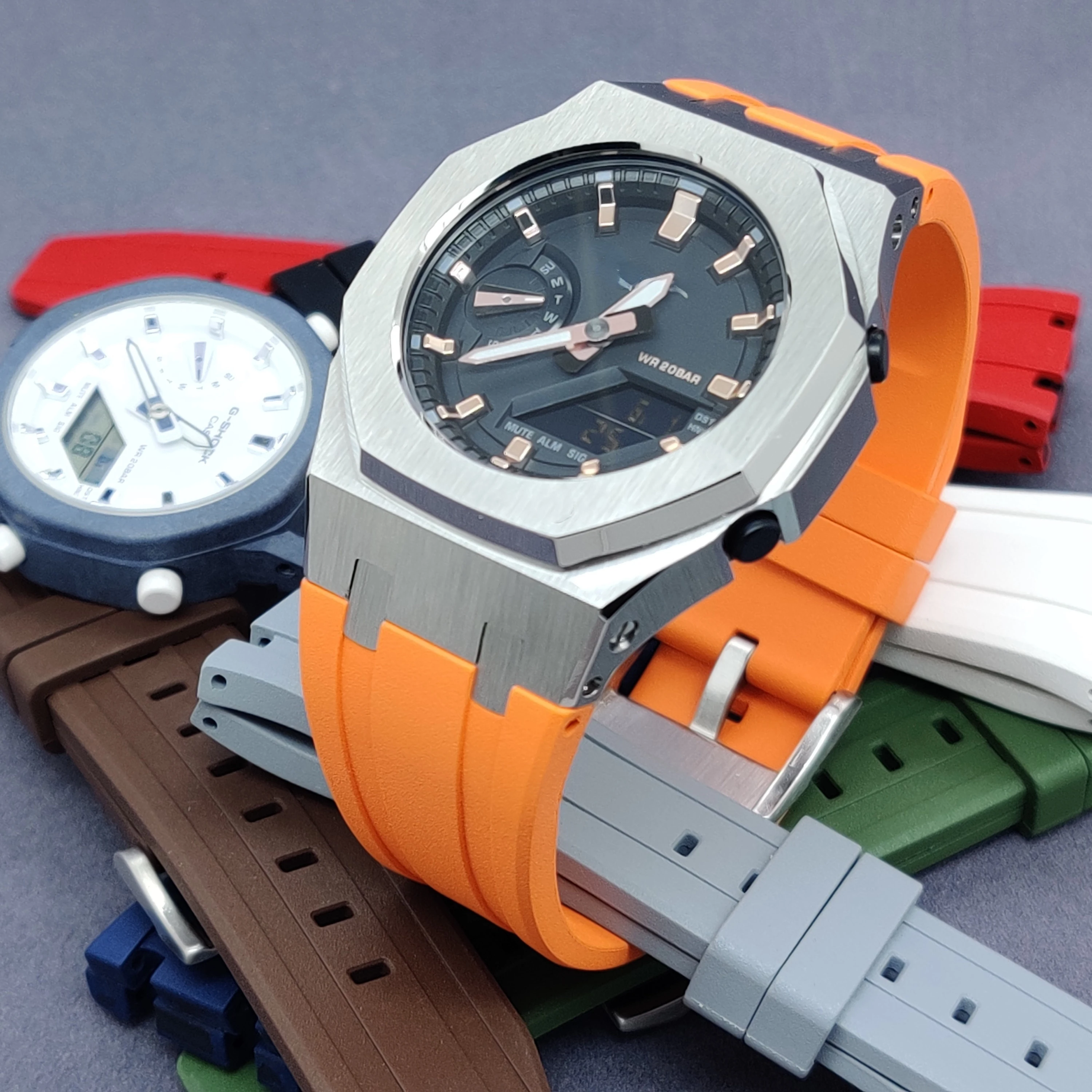 for GMAS2100 Metal Bezel Custom Shorter Fluoro Rubber watchband Stainless steel Replacement for Smallest GMA-S2100 Accessories