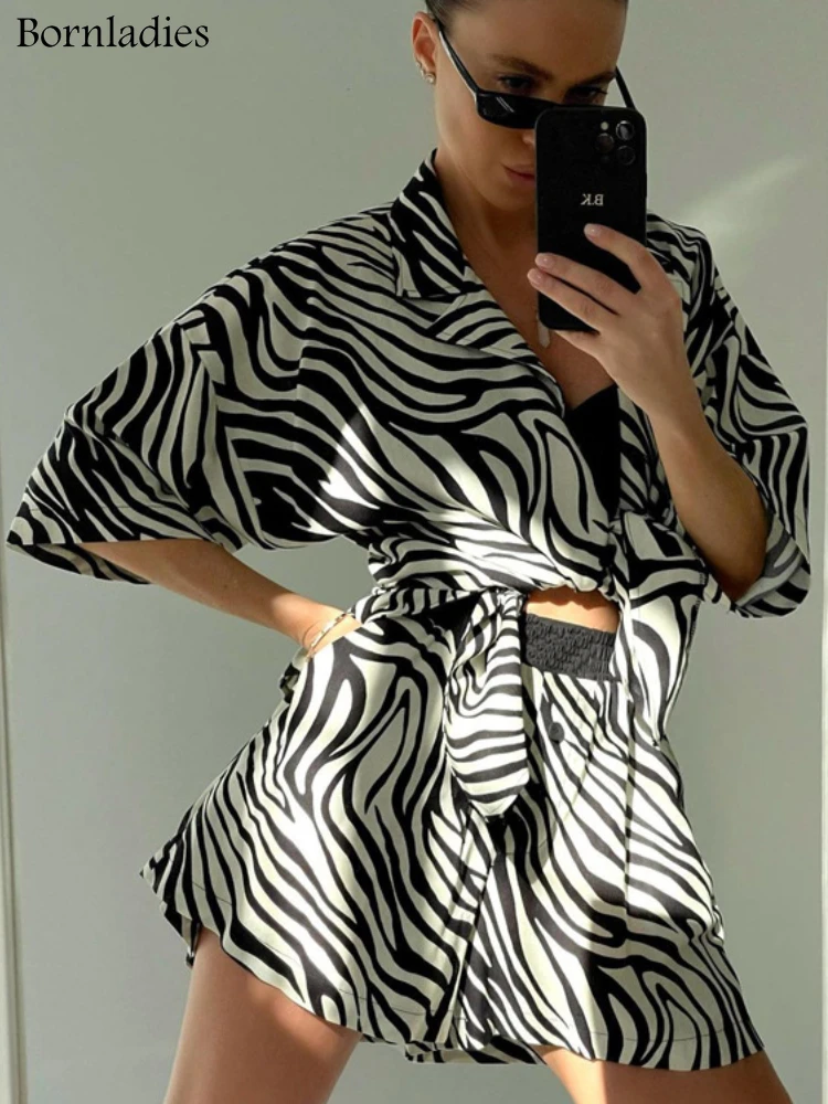 

Bornladies Long Sleeve Shirts Two Piece Sets Womens Outifits Casual Loose Zebra Stripes Shorts Set Female Elegant Shorts Suit
