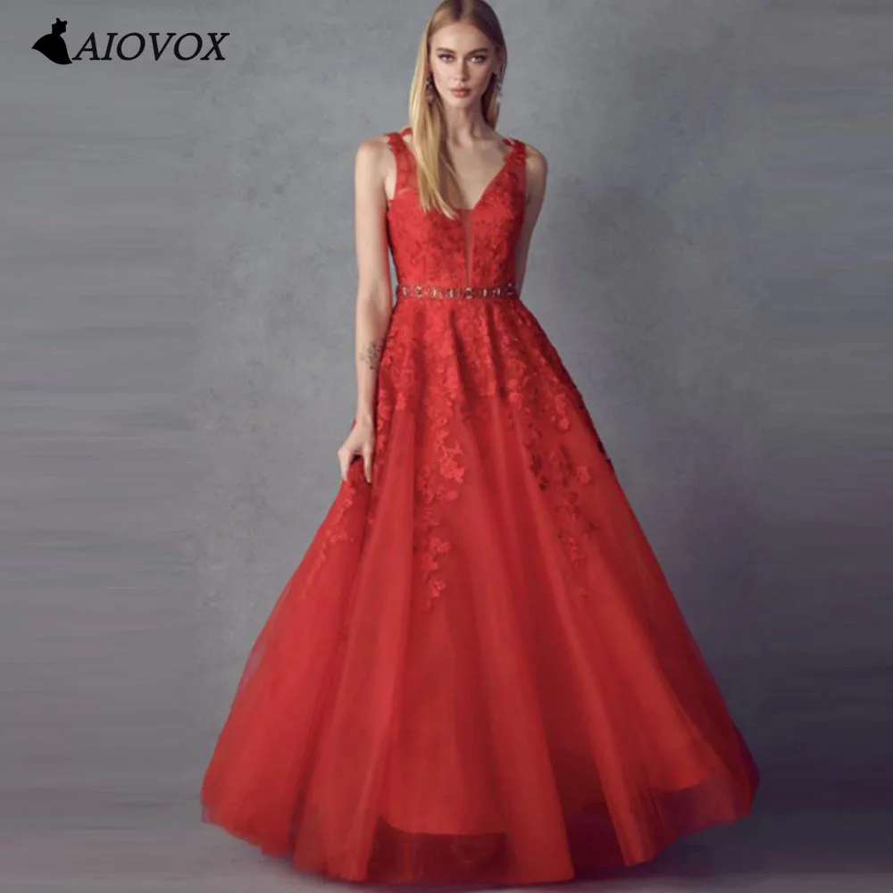 

AIOVOX Красные кружевные вечерние платья с поясом, элегантные цветочные тюлевые платья без рукавов, платья для торжества, v-образный вырез, тра...