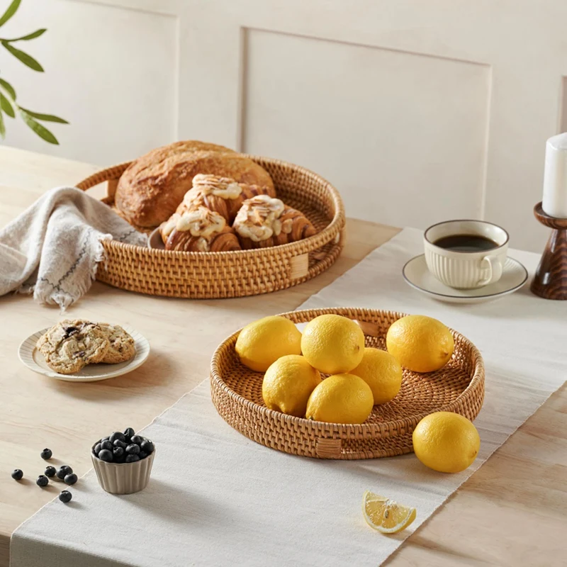 Rattan Serving Tray 30Cm Woven Trays With Handles For Home Round Dining Table Wicker Basket |