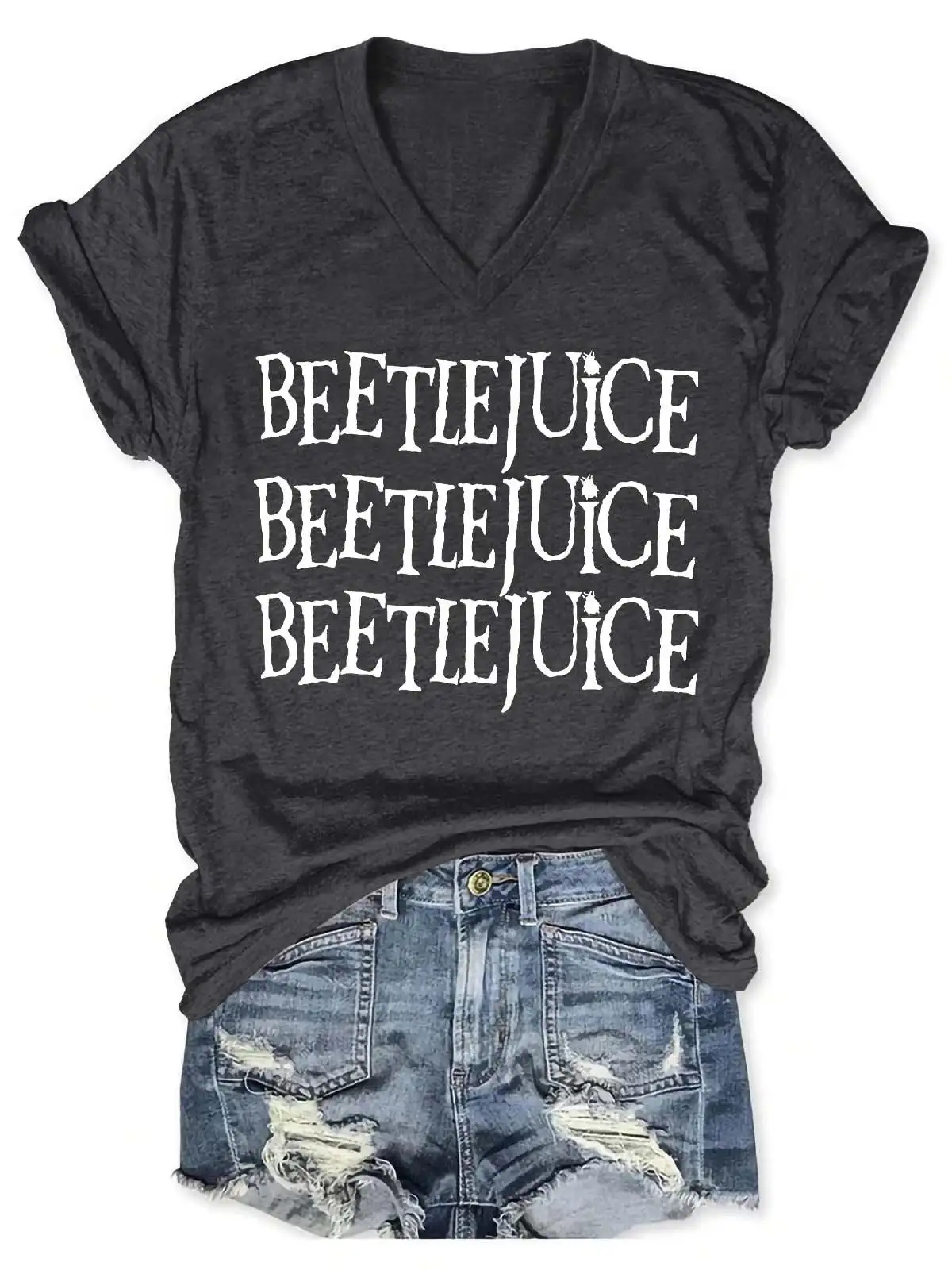 Lovessales Womens Beetlejuice V-Neck Short Sleeve 100% Cotton T-shirt