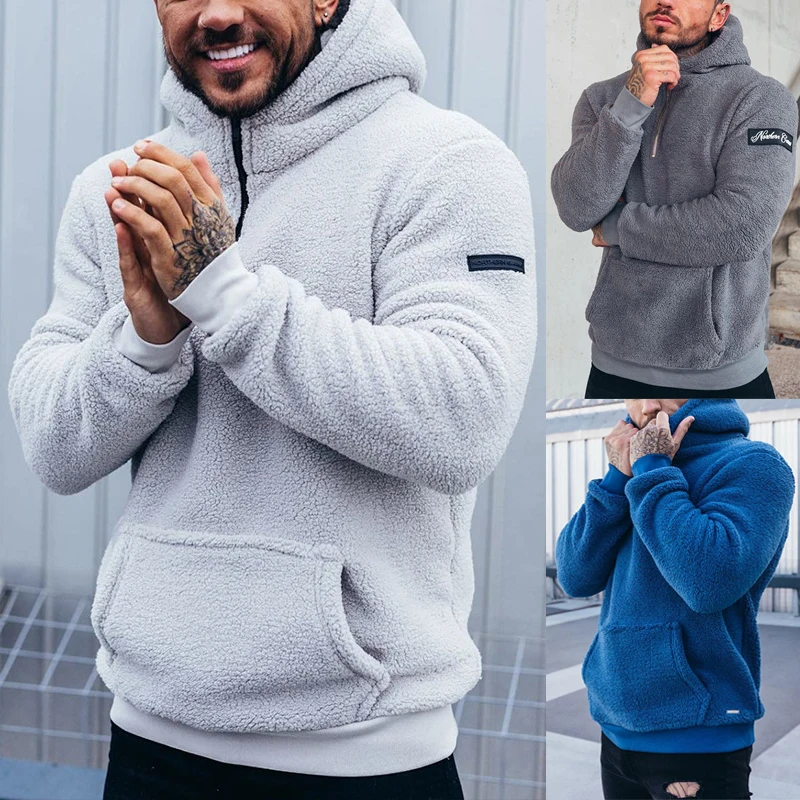 

Winter Fuzzy Fleece Warm Hoodies Sweatshirts Men Casual Plush Long Sleeves Hooded Shaggy Pullover With Pocket Outdoors Outwear