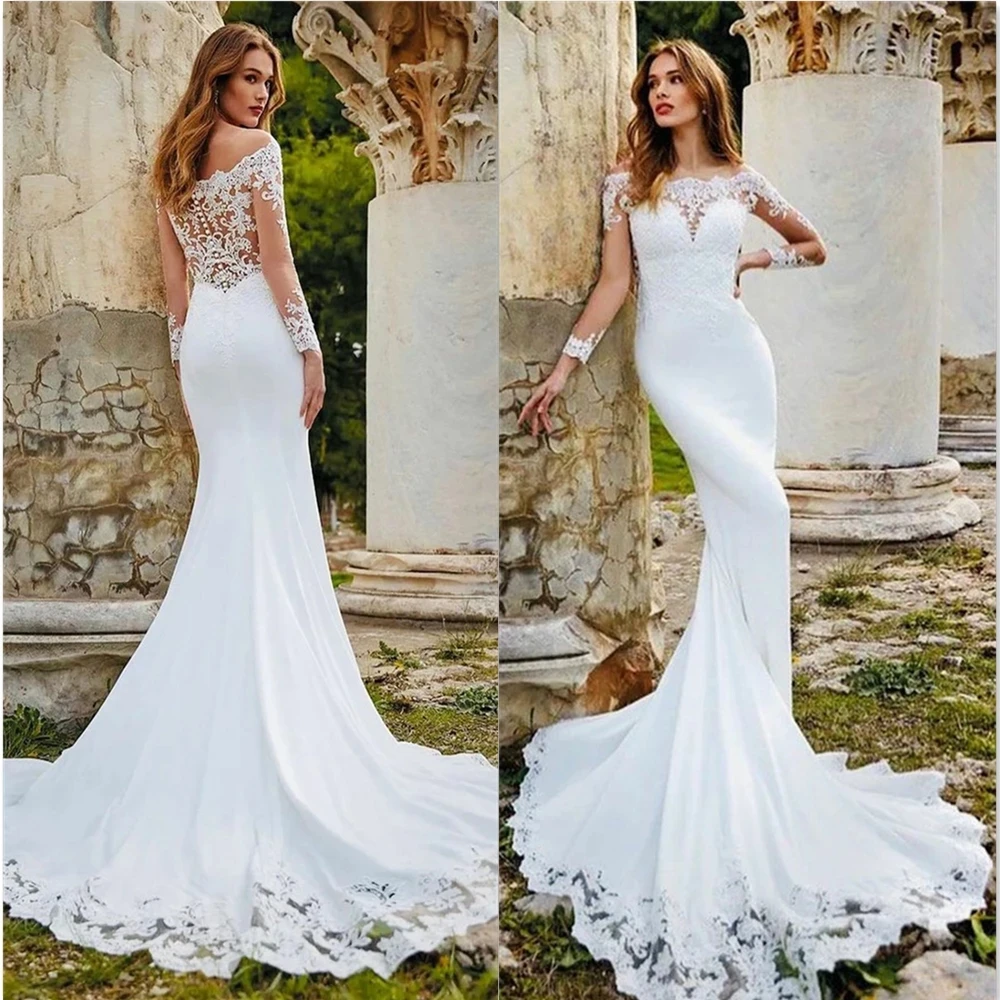 

2022 Aviana Mermaid Lace Appliqué Wedding Dress For Women Elegant Stain Court Train Bridal Gown Button Back Vestido De Novia