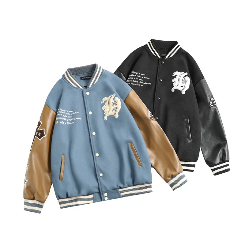 

Oversize Baseball Uniform Jacket for Men and Women Blue Pu Leather Splicing Harajuku Outdoors Clothes Casual Streetwear Coat