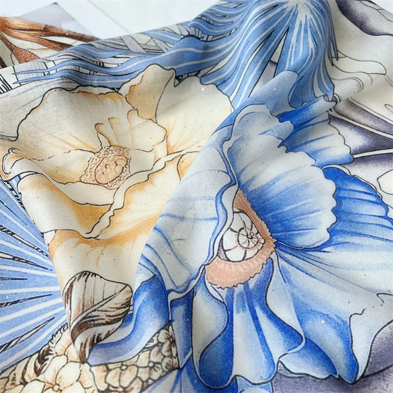 

Blue Floral Scarf Women Winter Warm Shawl Pashmina Wrap 100% Cashmere Soft Brand Design Tassels Silver Sequins 100*100CM