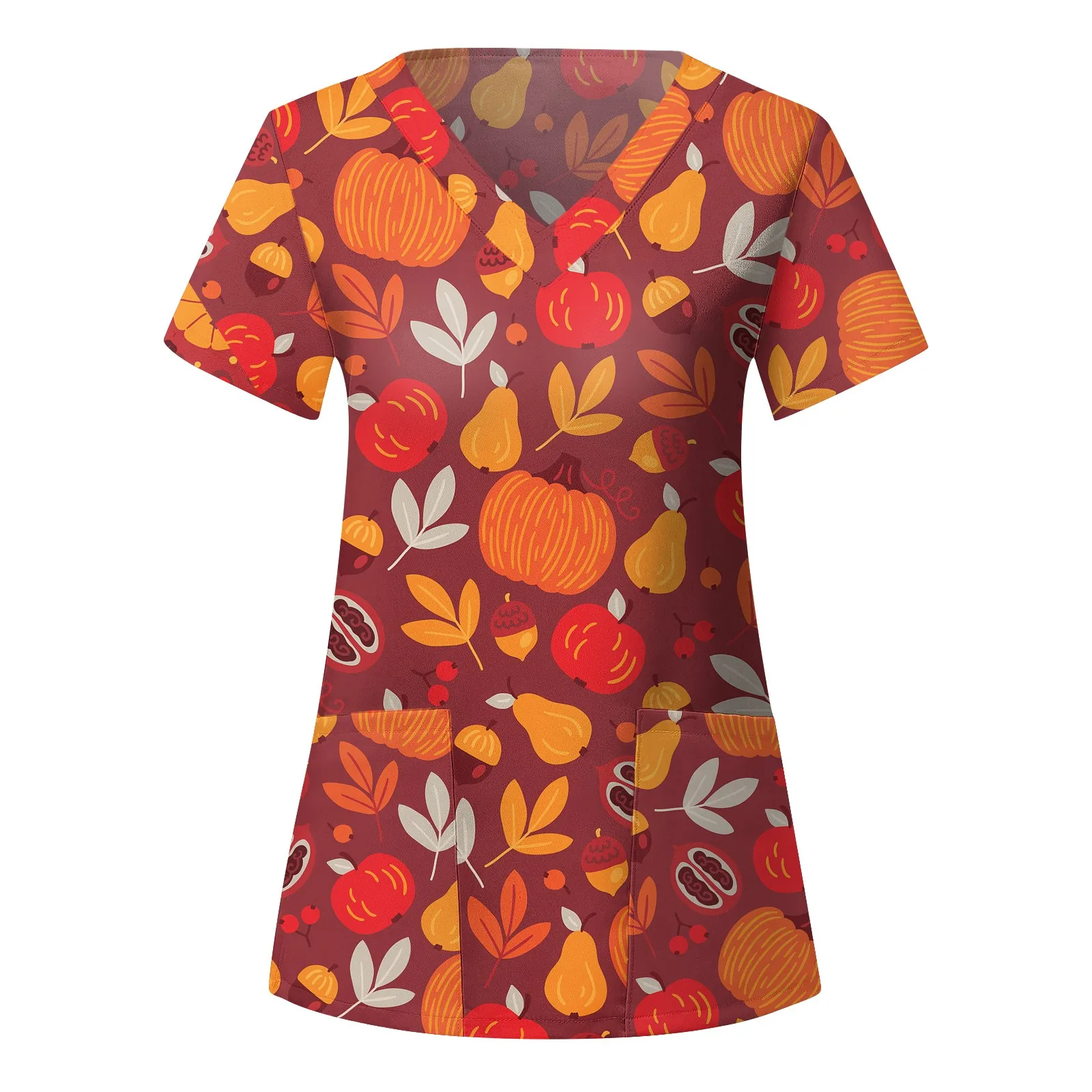 

Thanksgiving Nurse Uniforms Womens Cartoon Turkey Print Short Sleeve V-neck Tops Nursed Working Blouse Nursing Uniform Workwear