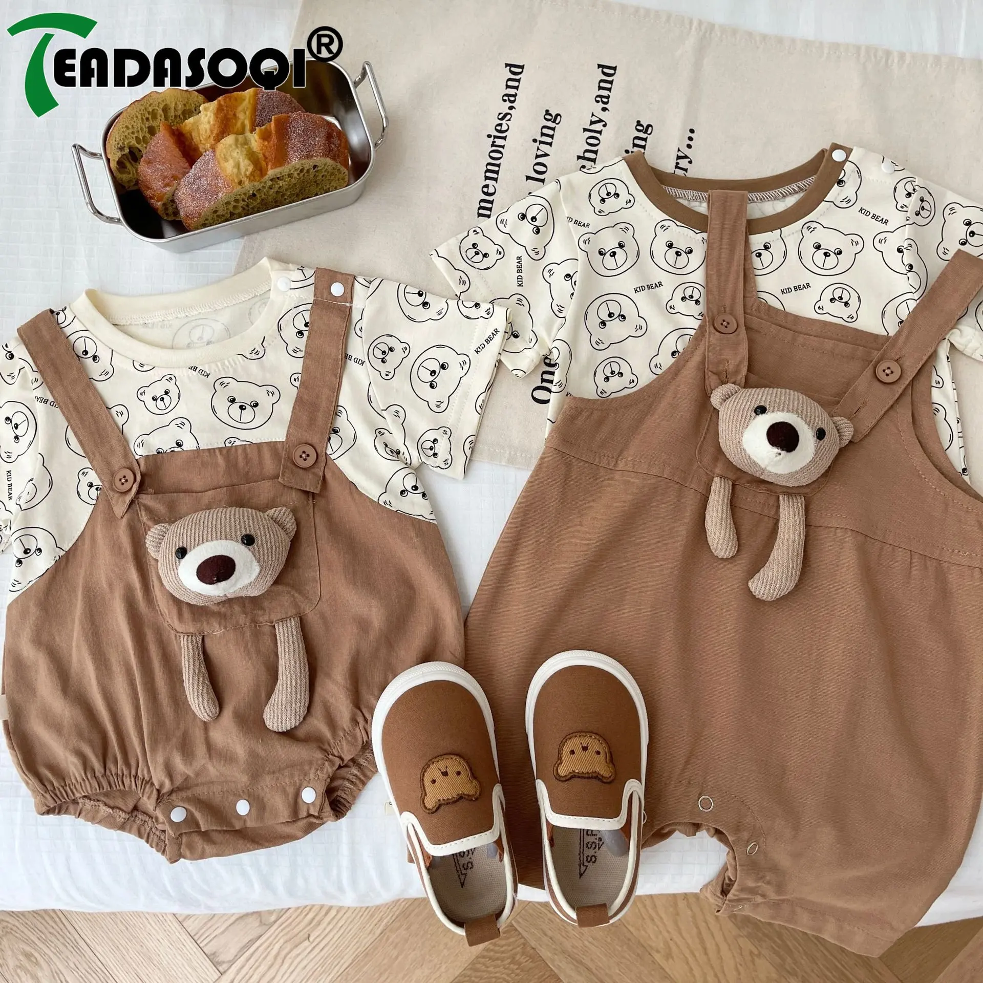 

Adorable Outwear for Summer 2023 3D Bear Design: Newborn Baby Girls and Boys Short Sleeve Cotton Bodysuits Fake Two-Piece