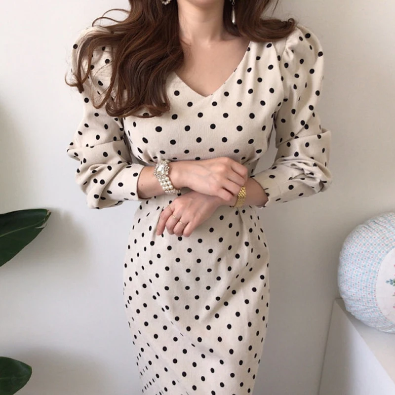 

Corduroy Women Autumn Mid-calf Dress Print Dot Tunic Bow Slim Pencil Dress Casual V Neck High Waist Elegant Party Vestidos