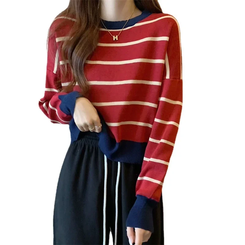 Женский вязаный полосатый пуловер укороченный топ для похудения осенне-зимняя