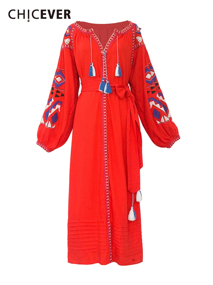 

CHICEVER Loose Dresses For Women V Neck Long Sleeve High Waist Print Patchwork Pullover Slim Dress Females Summer 2022 Fashion