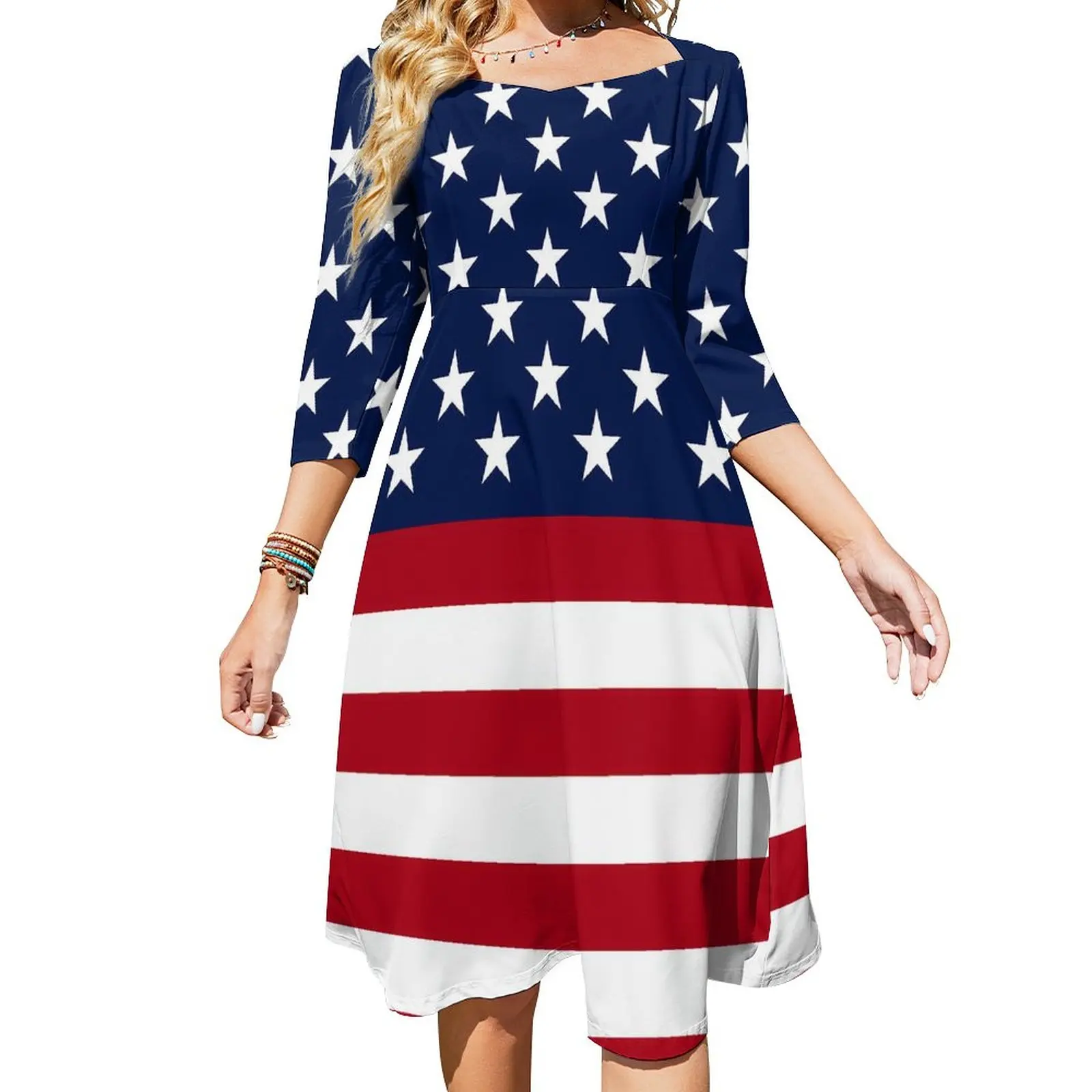 

American Flag Casual Dress Patriotic Stars and Stripes Elegant Dresses Summer Square Collar Streetwear Custom Dress Big Size
