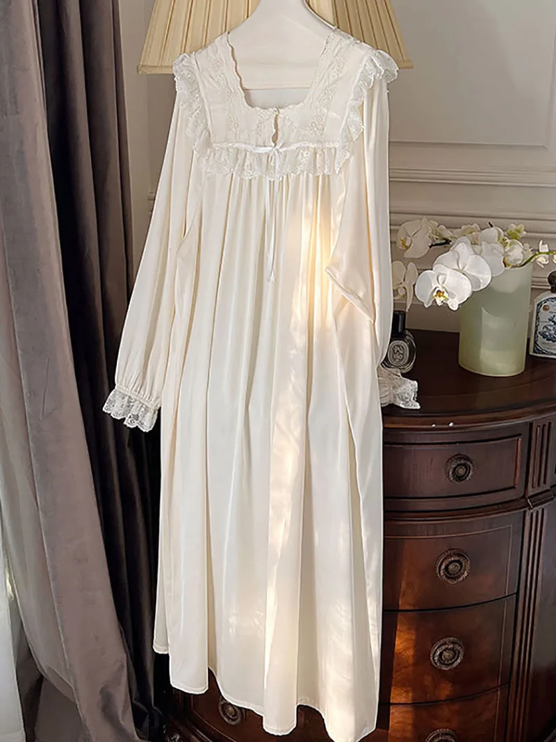 Women Pure Cotton Ruffles Vintage Nightgowns Robe Lace Fairy Long Sleeve Victorian Princess Sleepwear Sweet Night Dress Homewear
