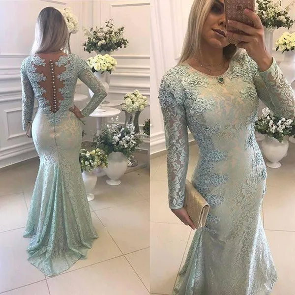 

Lace Mother of the Bride Dresses Long Sleeves Beading Mermaid Evening Gown Vintage Wedding Guest vestido de madrinha