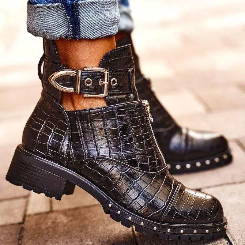 

New Women's Shoes Fashion Personality Solid Color PU Cracked Lattice Front Zipper Ankle Buckle Comfortable Ankle Boots AQ569