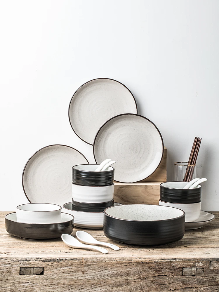

Винтажный набор столовых приборов в скандинавском стиле, керамическая круглая тарелка для риса, салата, набор посуды, безопасен для микрово...