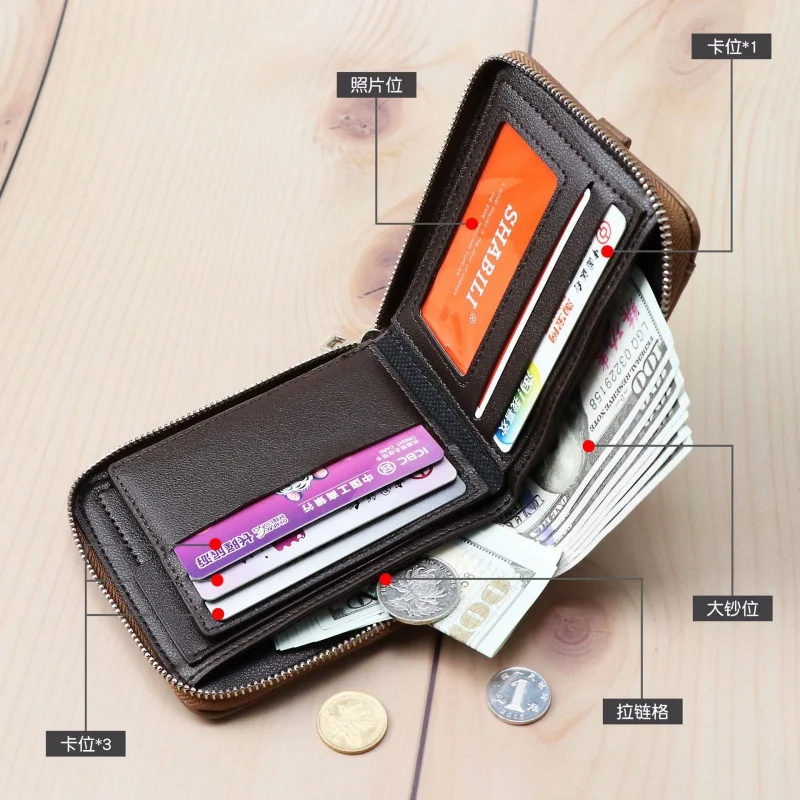 Short Men's Wallet With Zipper Small Male PU Leather Coin Purses Multi Function Card Holder For Men Business Money Wallet