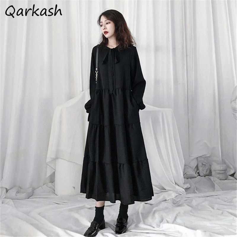 

Dresses Women Loose Design Korean Version Elegant Preppy Style Holiday Inside Party Solid Vintage Midi Vestidos Casual Basic Ins