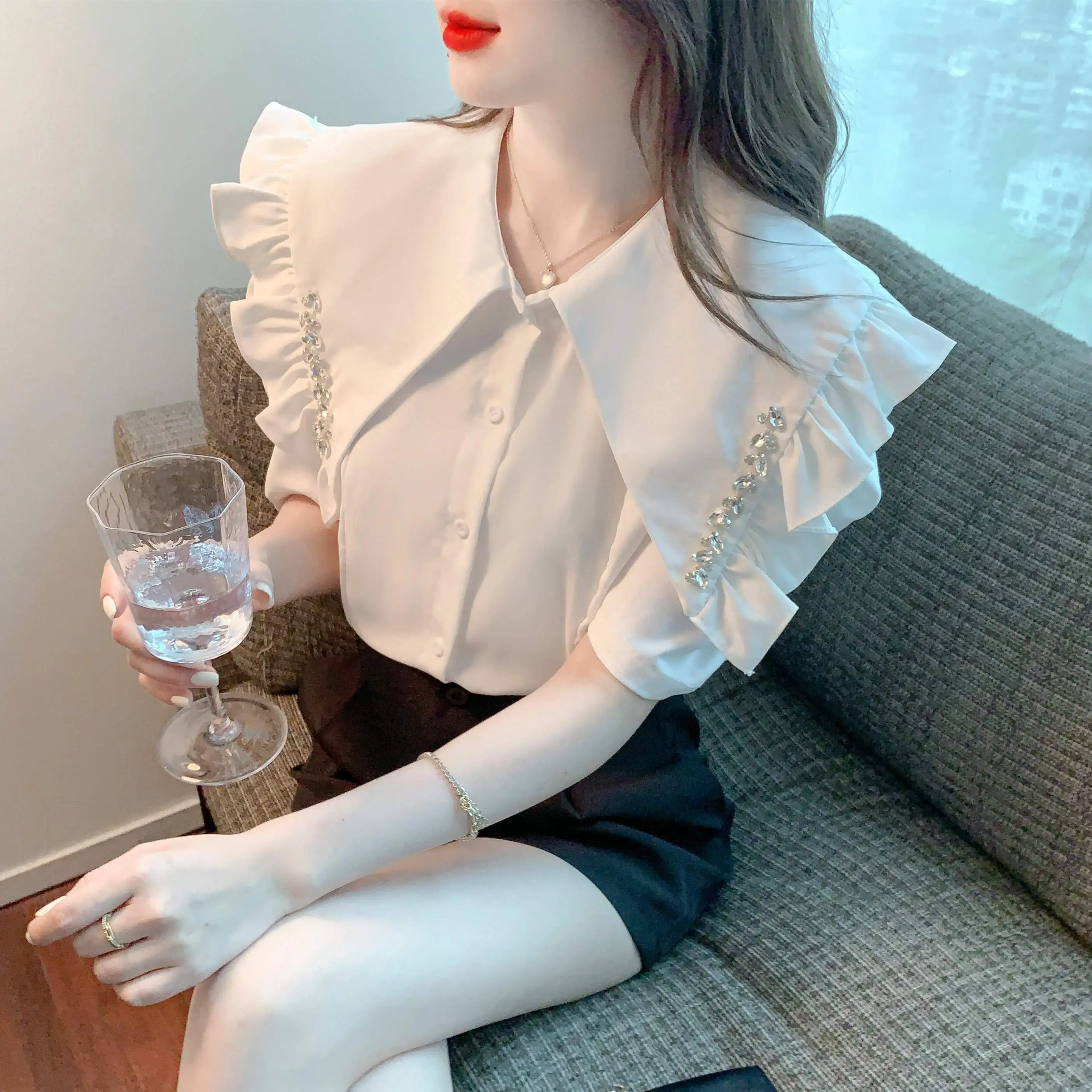 

COIGARSAM Shirt Womens Tops Summer 2022 New Chiffon Peter Pan Collar Women Shirts Dropshipping
