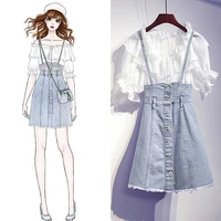 korean womens summer elegant chiffon shirt denim suspender skirt two piece set 2022 new casual floral blouse midi skirt suit