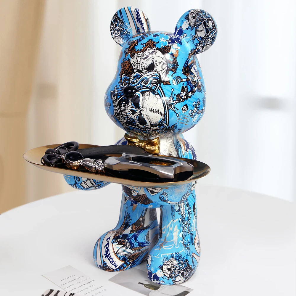 

Decorative Statues Home Bear Bulter with Metal Tray Holder Colorful Animal Sculpture Ornaments Interior Table Decoration Key Box