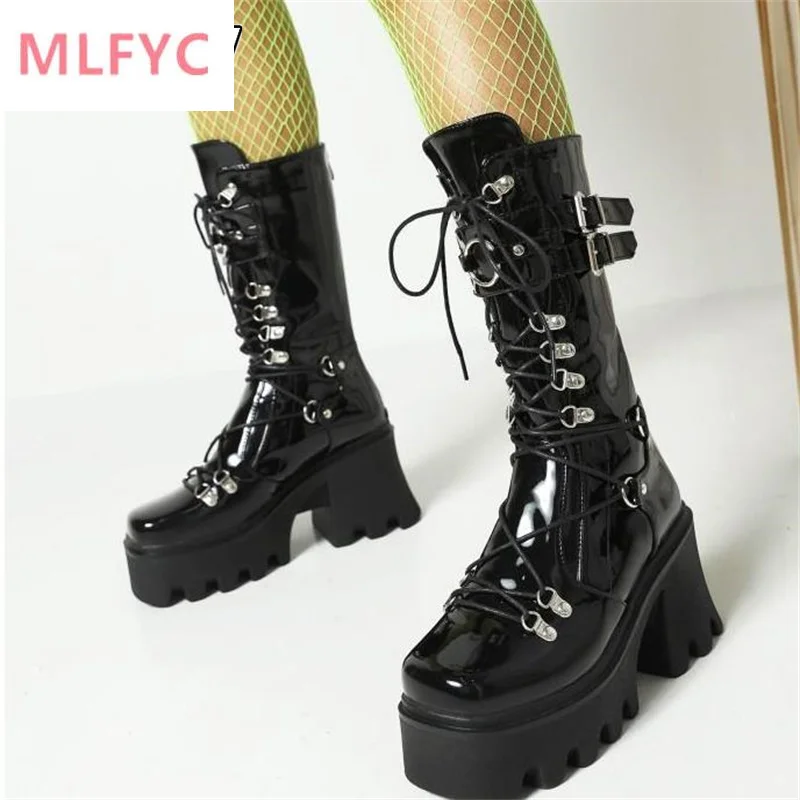 

2022 Winter Punk Rock Style Gothic Cosplay Motorcycle Biker Combat Mid Calf Boots Platform Shoes Chunky High Heels 35-43