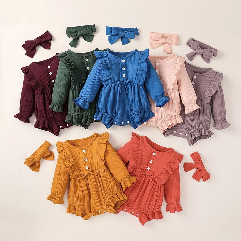 Baby Girl 100% Cotton Solid Long-Sleeve Ruffle Romper with Headband Kids Clothing   Newborn Baby Girl Clothes