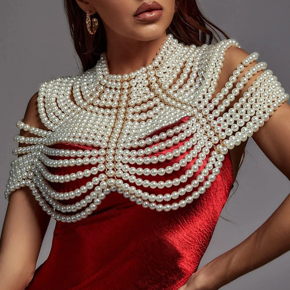 Stonefans Festival Top Pearl Shoulder Bra Necklace Dress Accessories 2023 Imitation Bead Rave Bikini Body Chain Lingerie Jewelry