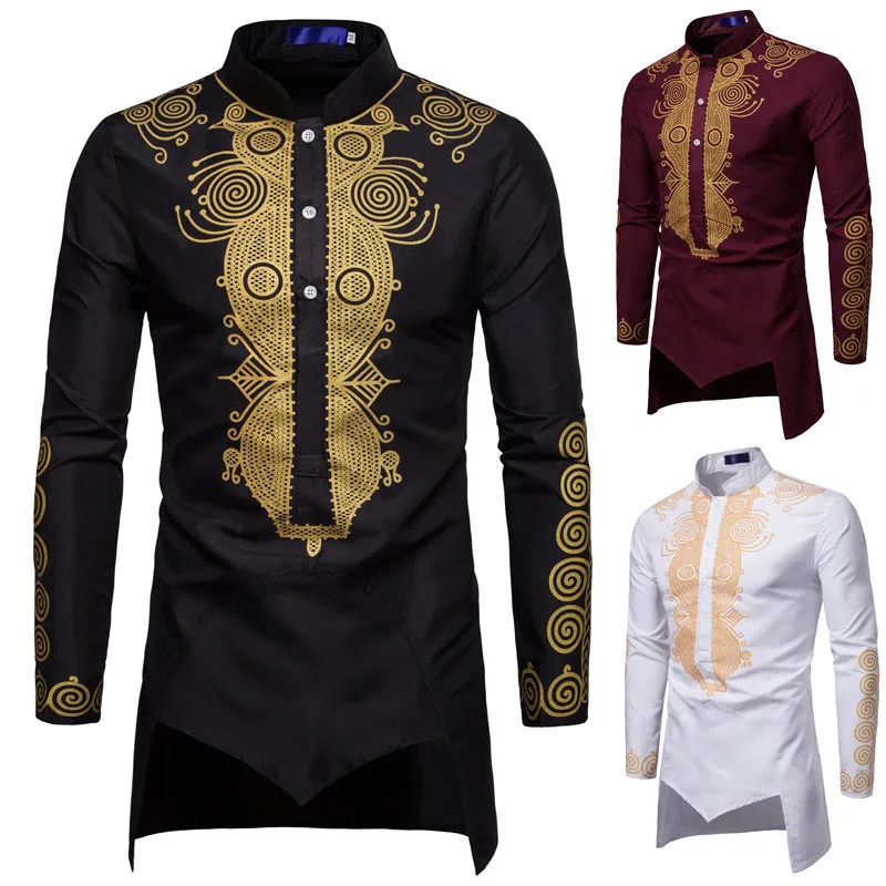 

2022 New Men's Long Sleeve Shirts Fashion Muslim Straight Mid Length Printed T-Shirts Slim African Clothing Men's Tops