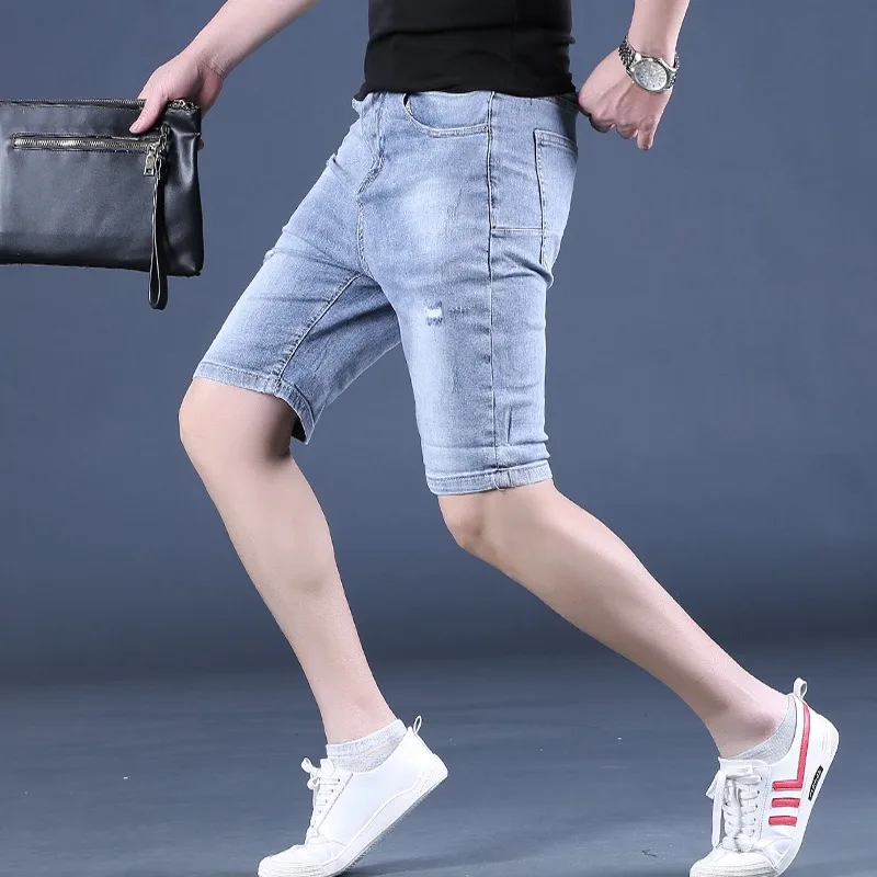 Summer Blue Shorts Ripped Jeans Men Streetwear Casual Regular Straight Denim Shorts
