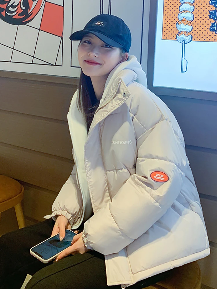 Women's Down Cotton Jacket Winter Casual Loose Thick Warm Hooded Parkas Lady Korean Style Solid Color Coat Female New Clothes
