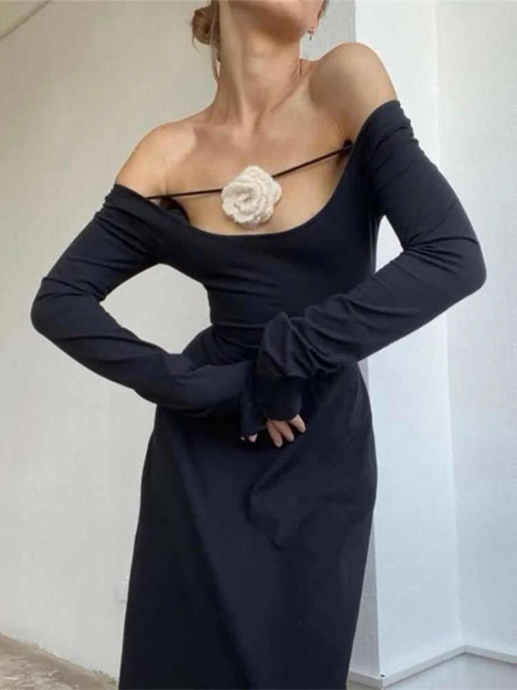 

TARUXY Flower Slim Maxi Dresses For Women High Waist Off Shoulder Dress Woman Club Sexy Party Temperament Women's Evening Dress
