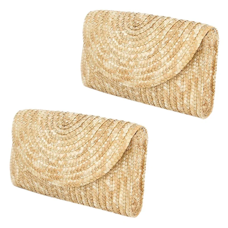 

2X Straw Clutch Purses For Women Summer Beach Handbags, Wedding Envelope Wallet Color: Brown