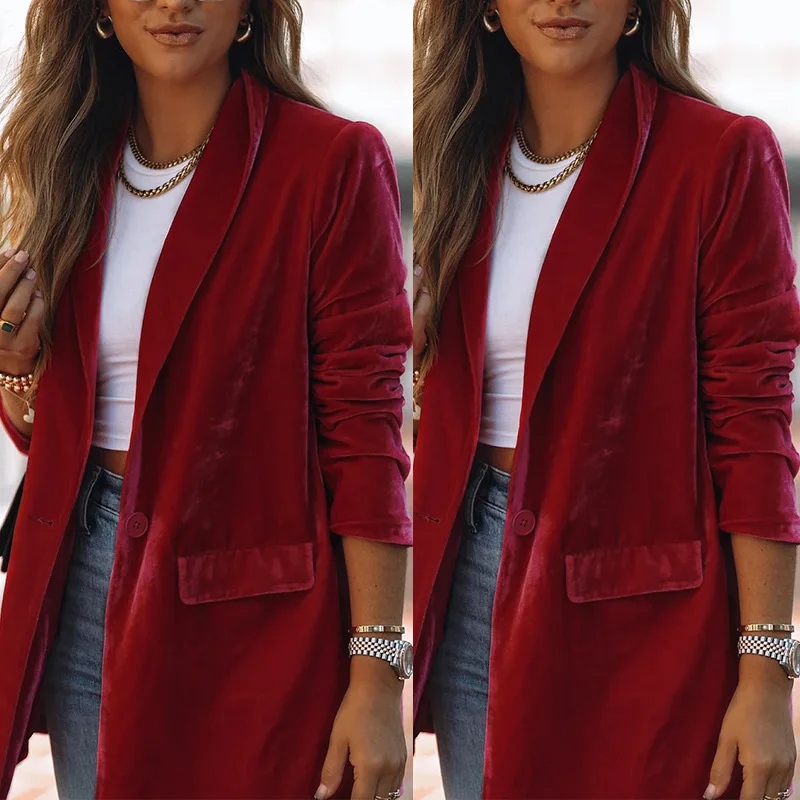 

Пикантный Золотой бархатный маленький костюм с V-образным вырезом, осенняя Новая женская облегающая однотонная куртка с длинным рукавом, эл...