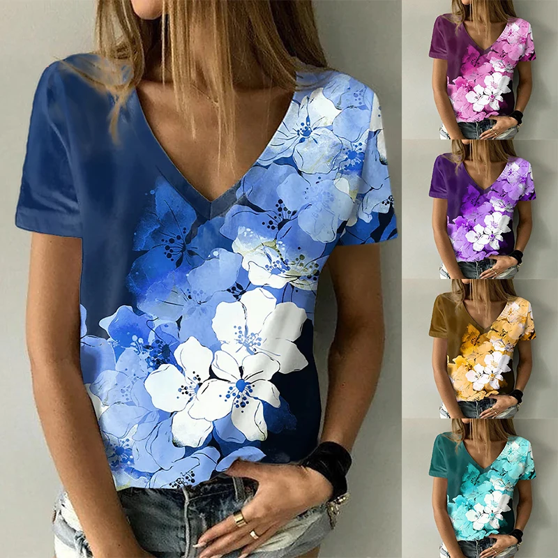 

SummeFational 2022 Women's Painting T Shirt Flora Print V Neck Casual Tops Plus Size XS-9XL