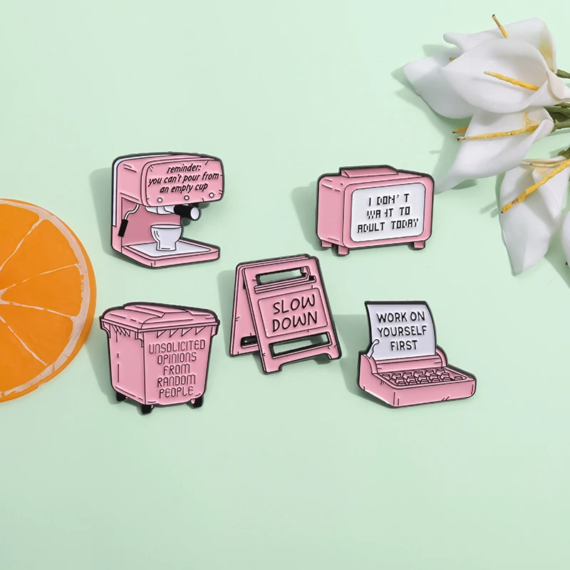 

Creative Slow Down Warning Signs Enamel Pins Cute Cartoon Pink Lapel Badge Decorative TV Coffee Machine Brooches Backpack Pin