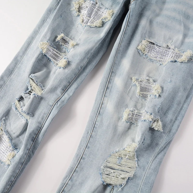 High Street Fashion Men Jeans Retro Light Blue Stretch Skinny Fit Ripped Jeans Men Beading Patched Designer Hip Hop Brand Pants