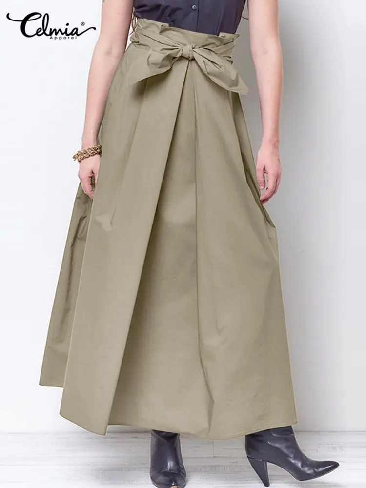 

Women Elegant High Waist Bandage Long Skirts Celmia Office Lady All-match Pockets Maxi Jupes 2022 Spring Casual Pleats Skirt